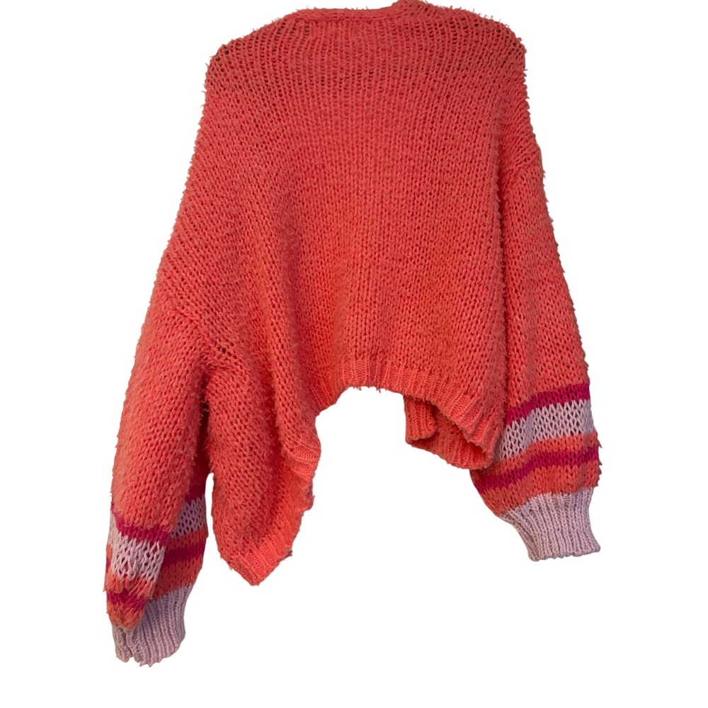 Anthropologie Coral Pink Chunky Knit Striped Cuff Open Front Cardigan One Size - Picture 7 of 7